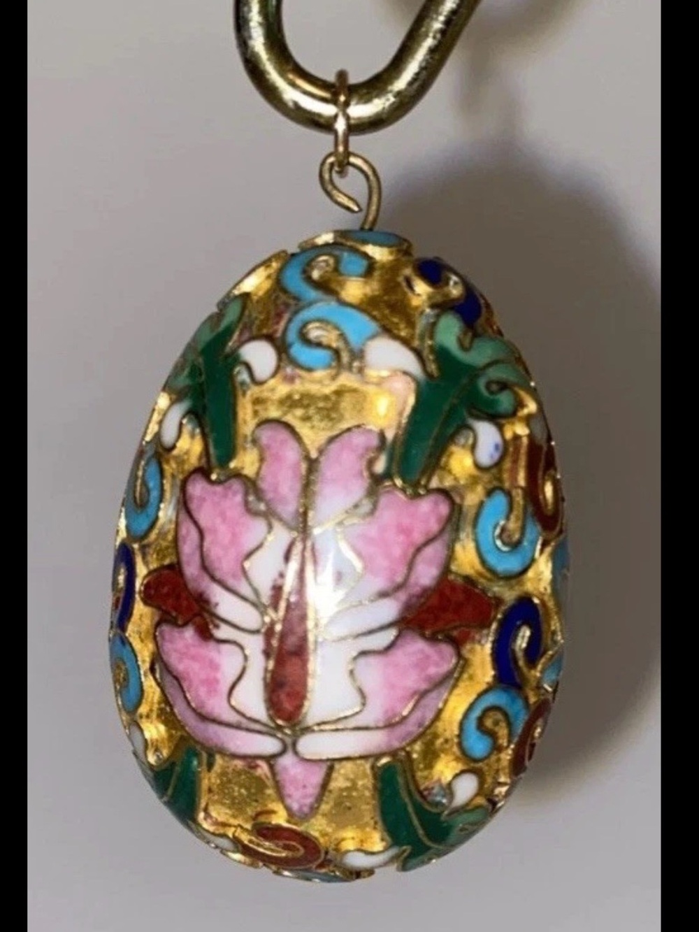 Vintage Cloisonné Pink Floral Egg Pendant Necklace